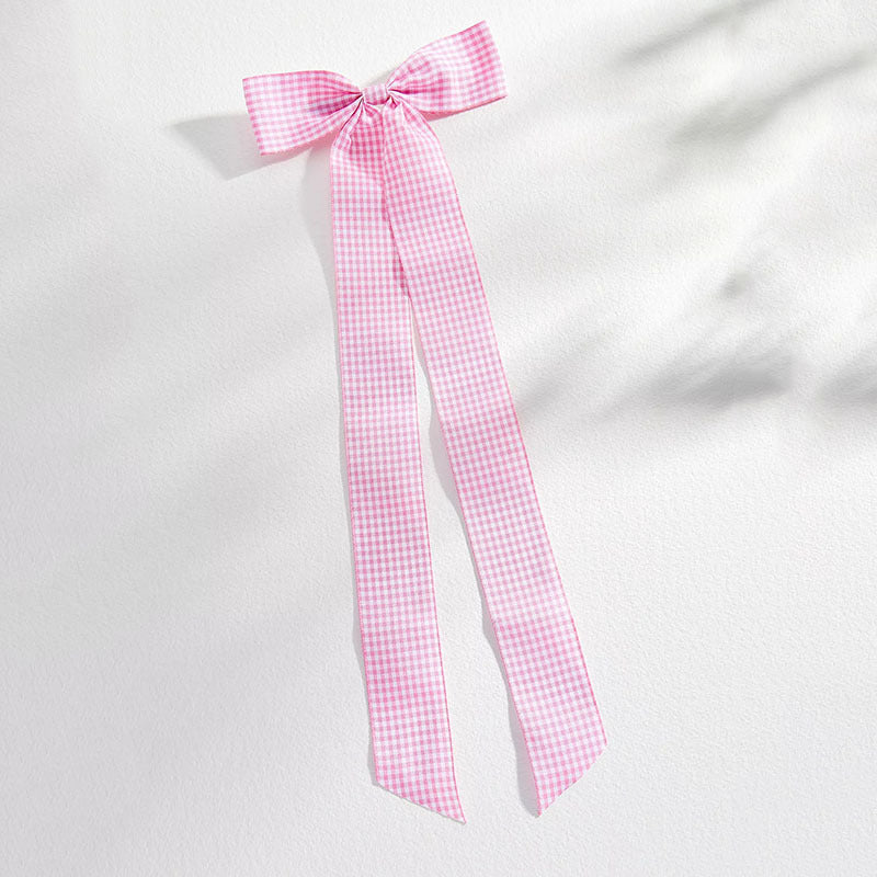 Long Streamer Gingham Bow Hair Clip - Pink