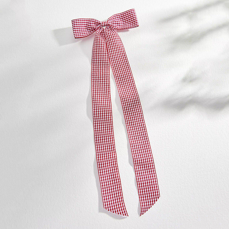 Long Streamer Gingham Bow Hair Clip - Red