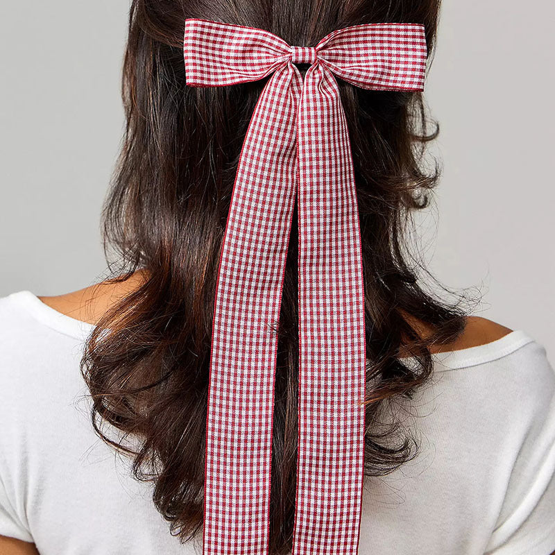 Long Streamer Gingham Bow Hair Clip