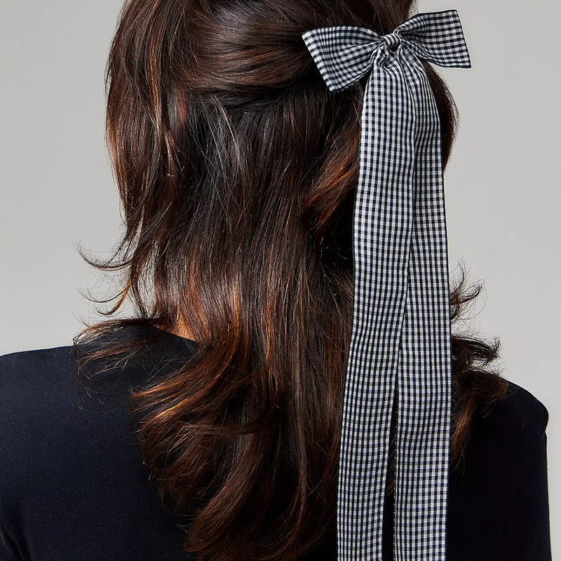 Long Streamer Gingham Bow Hair Clip - view 3