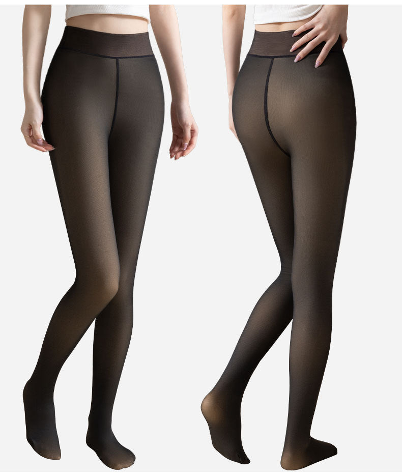 Fleece Lined Faux Sheer Winter Tights - Black - 2