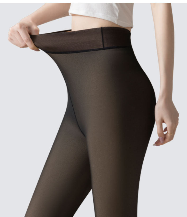 Fleece Lined Faux Sheer Winter Tights - Black - 4