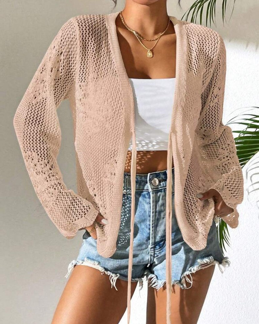 Sheer Pointelle Beach Cardigan With Front Ties - Khaki