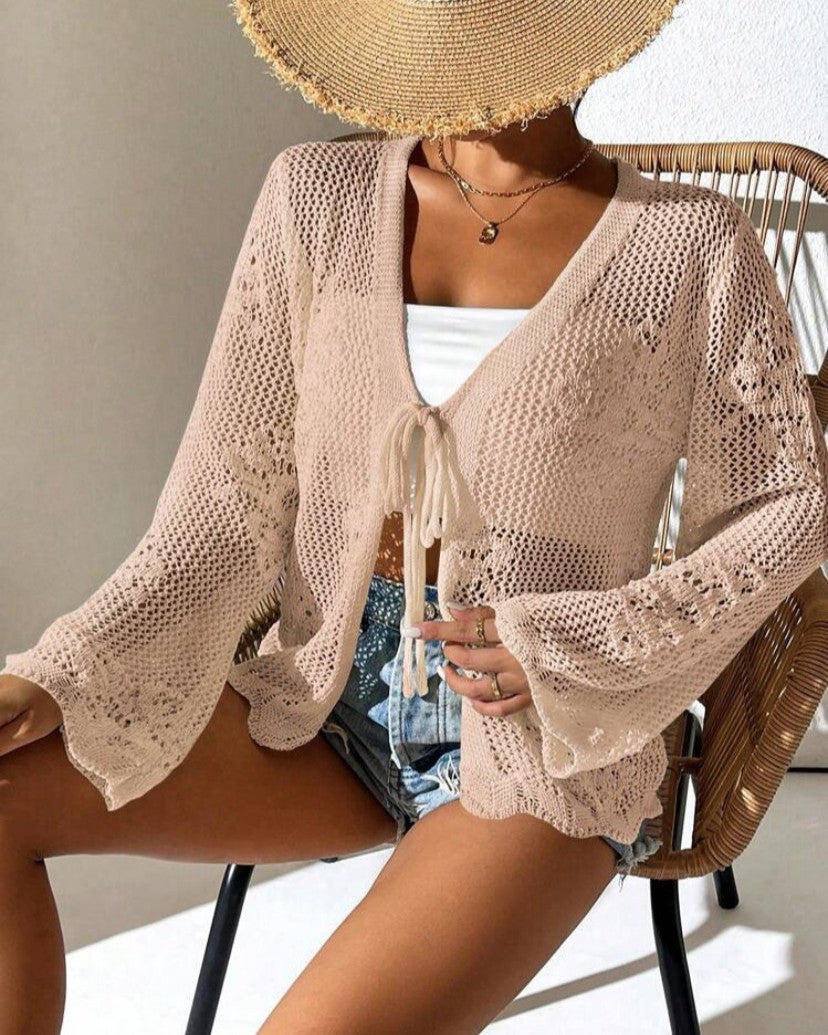 Sheer Pointelle Beach Cardigan With Front Ties - Khaki - 1
