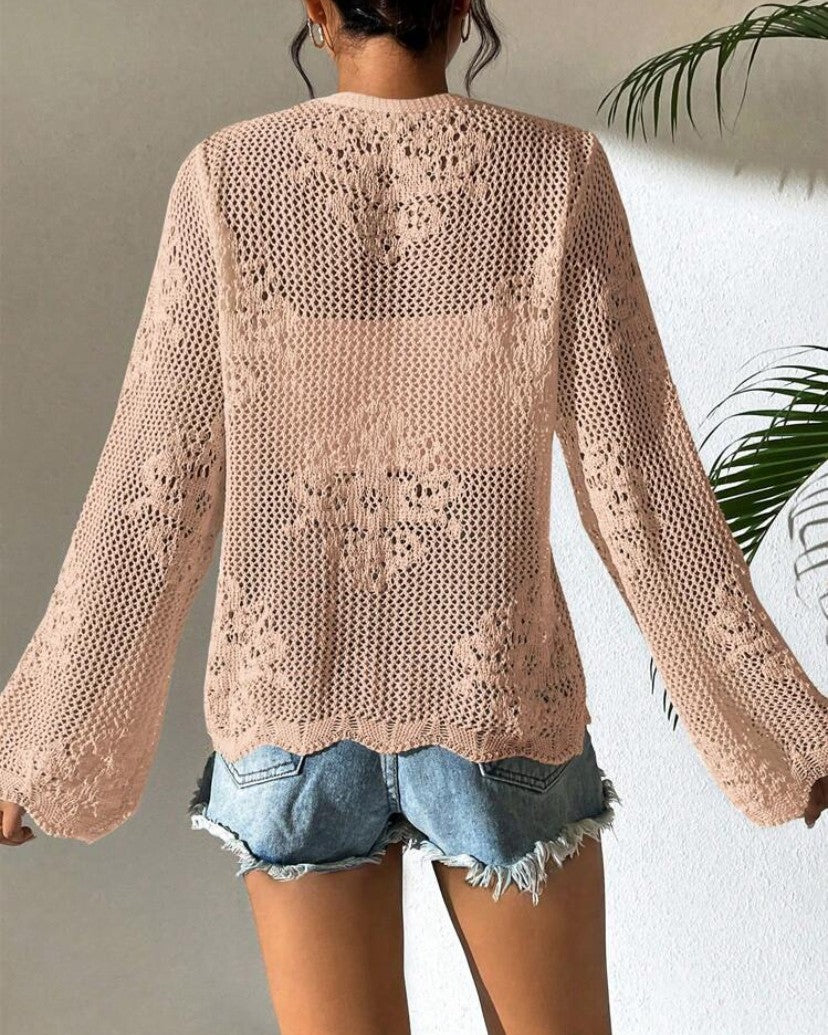 Sheer Pointelle Beach Cardigan With Front Ties - Khaki - 2