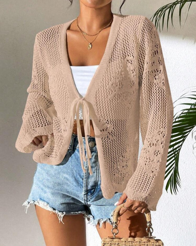 Sheer Pointelle Beach Cardigan With Front Ties - Khaki - 3