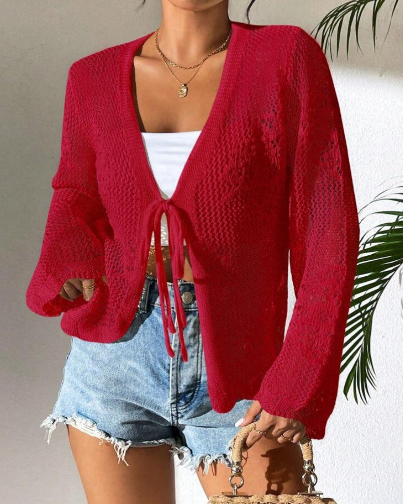 Sheer Pointelle Beach Cardigan With Front Ties - Red