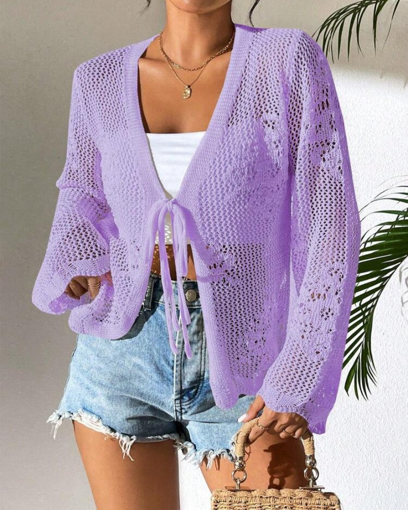 Sheer Pointelle Beach Cardigan With Front Ties - Violet