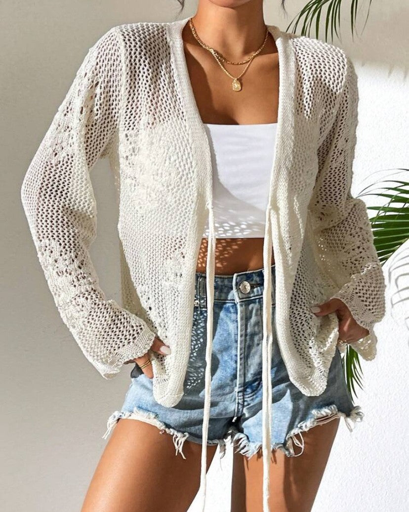 Sheer Pointelle Beach Cardigan With Front Ties - White