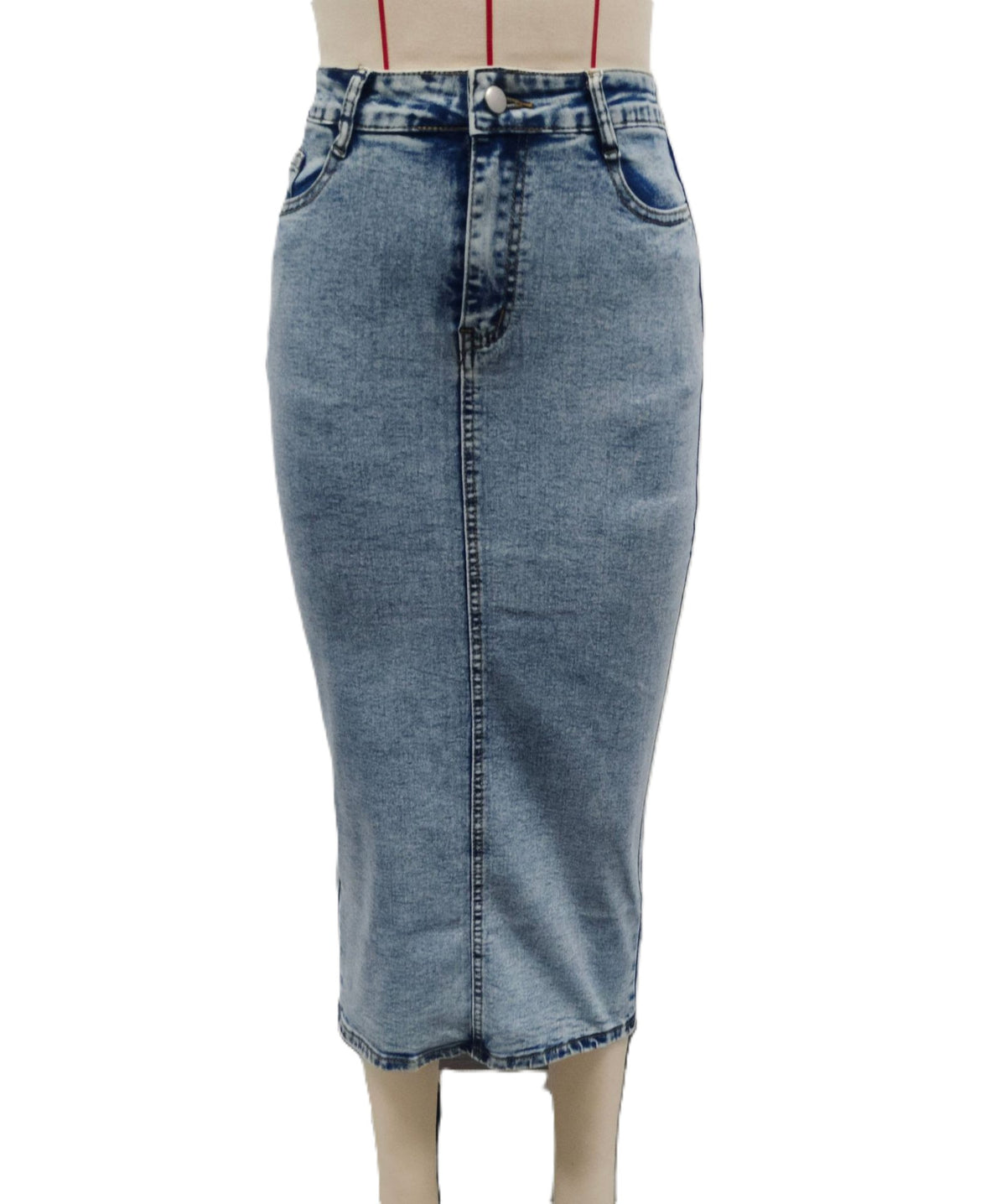 High Rise Midi Denim Skirt With Back Slit - Blue