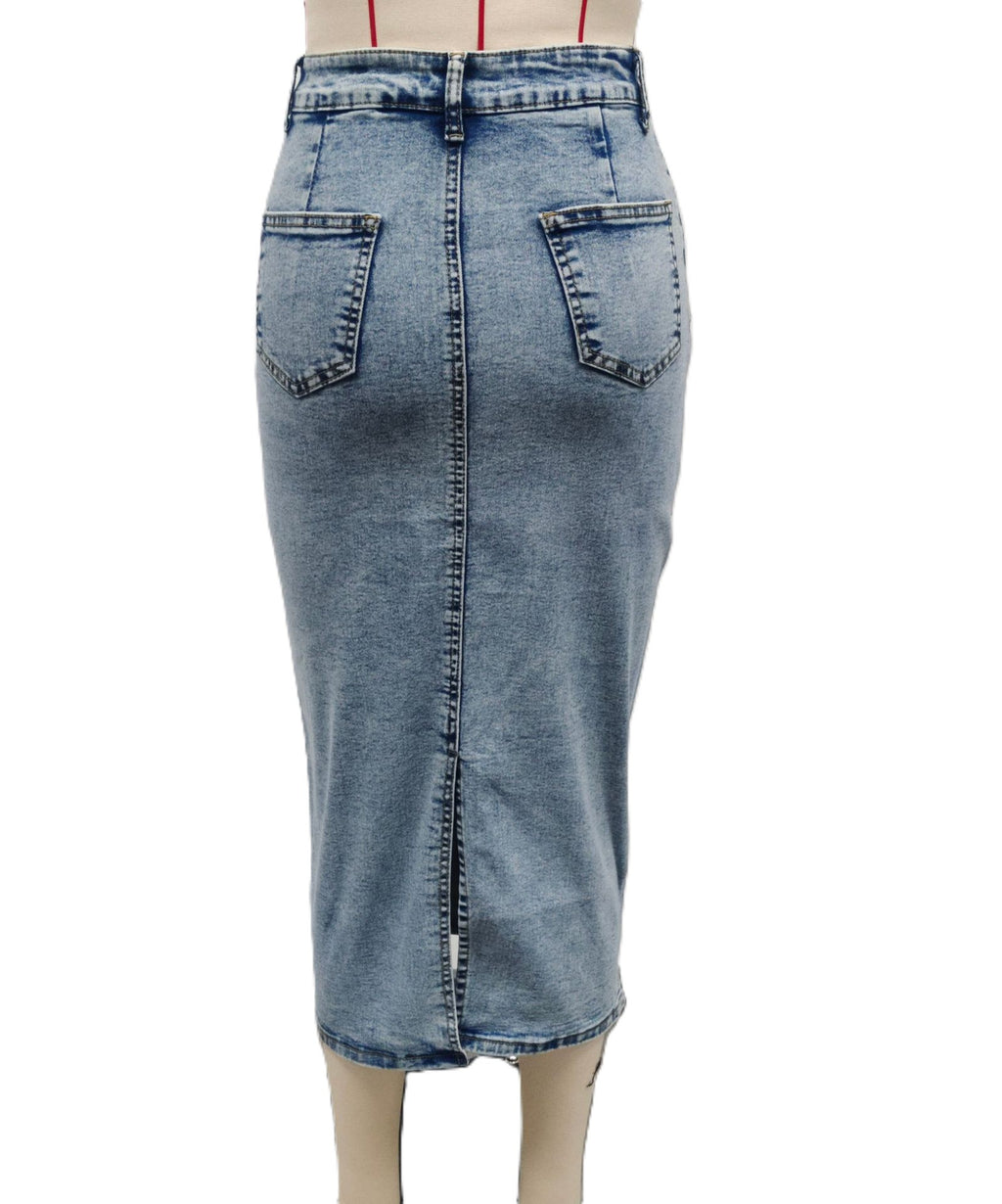 High Rise Midi Denim Skirt With Back Slit - Blue - 1