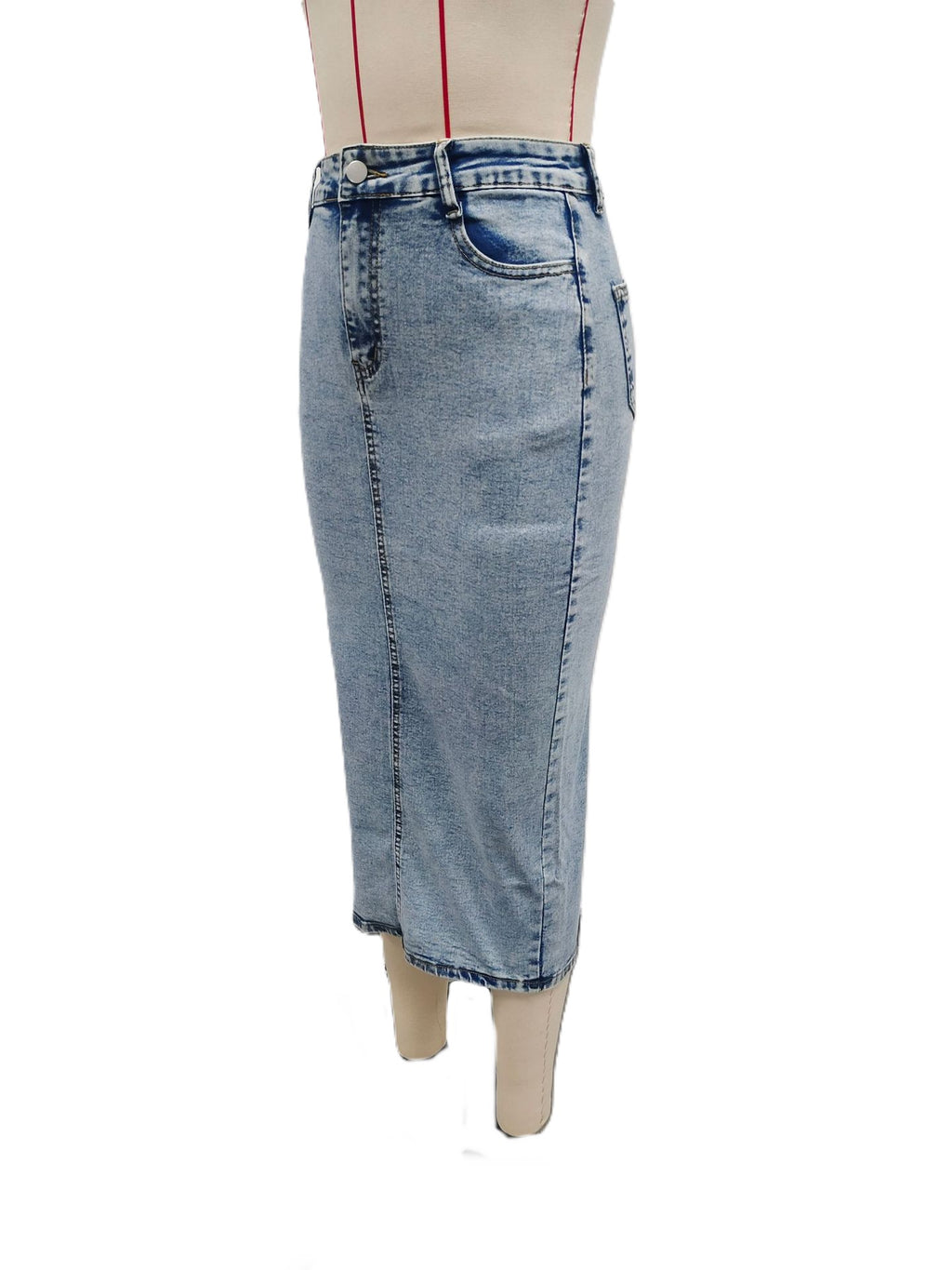 High Rise Midi Denim Skirt With Back Slit - Blue - 2