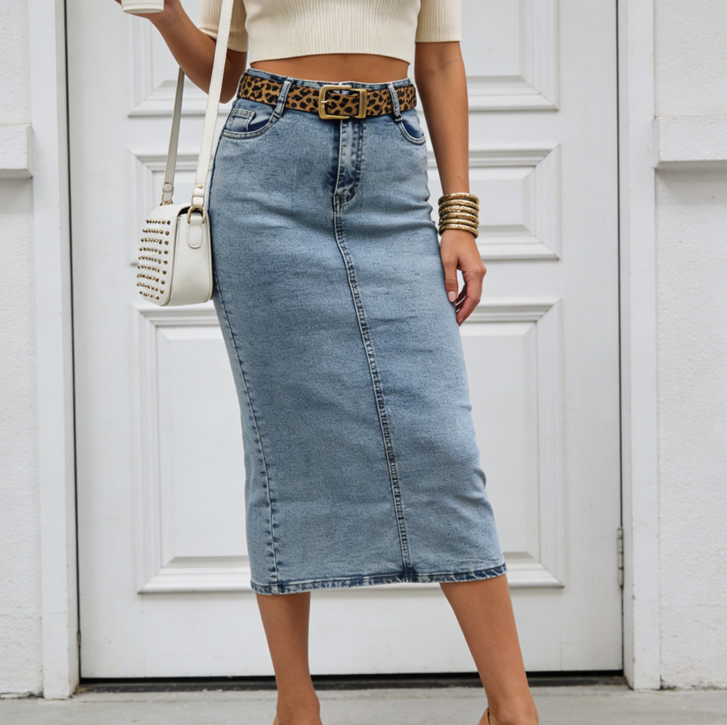 High Rise Midi Denim Skirt With Back Slit - view 2