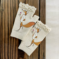 Whimsical Fox Illustration Fingerless Knit Gloves - Beige
