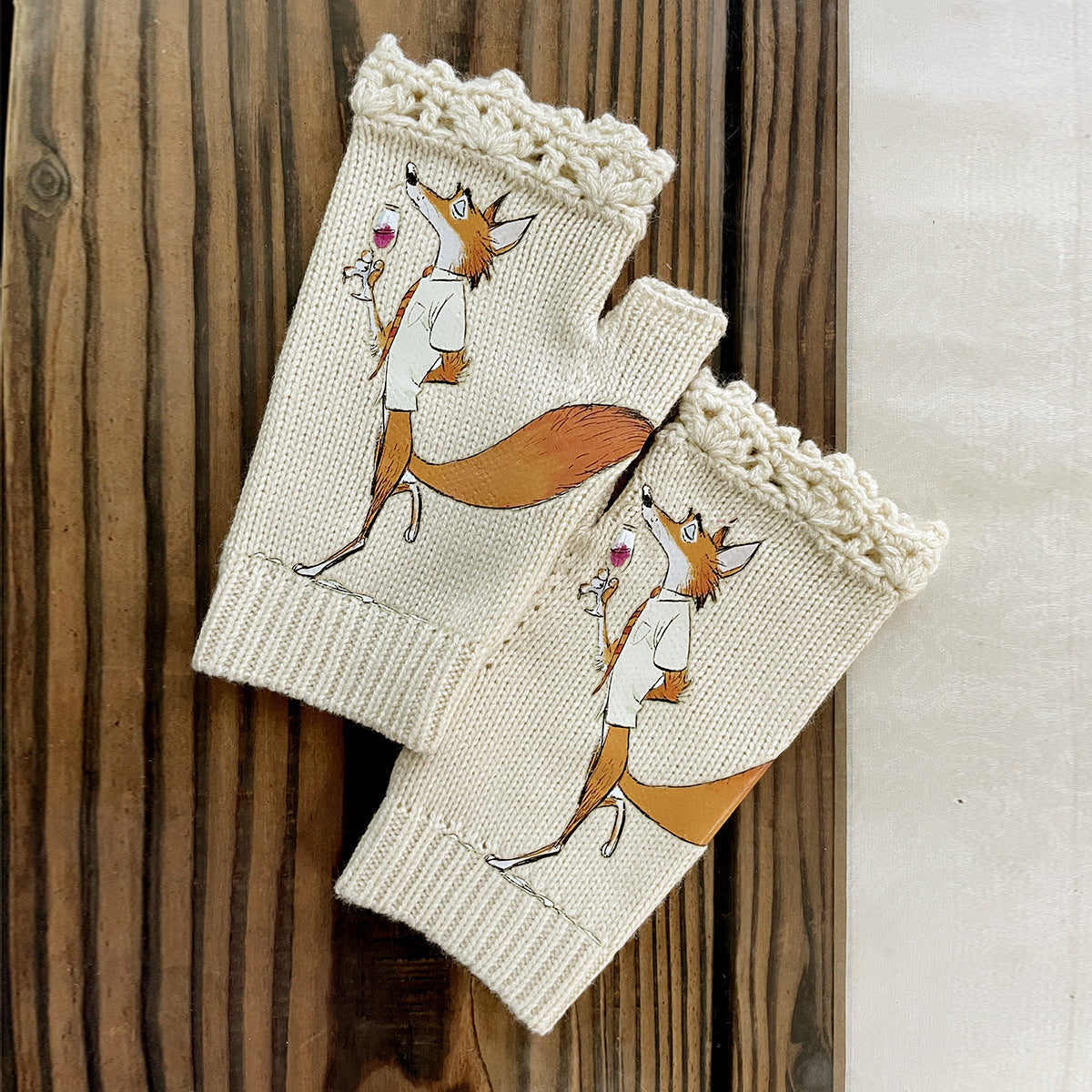 Whimsical Fox Illustration Fingerless Knit Gloves - Beige