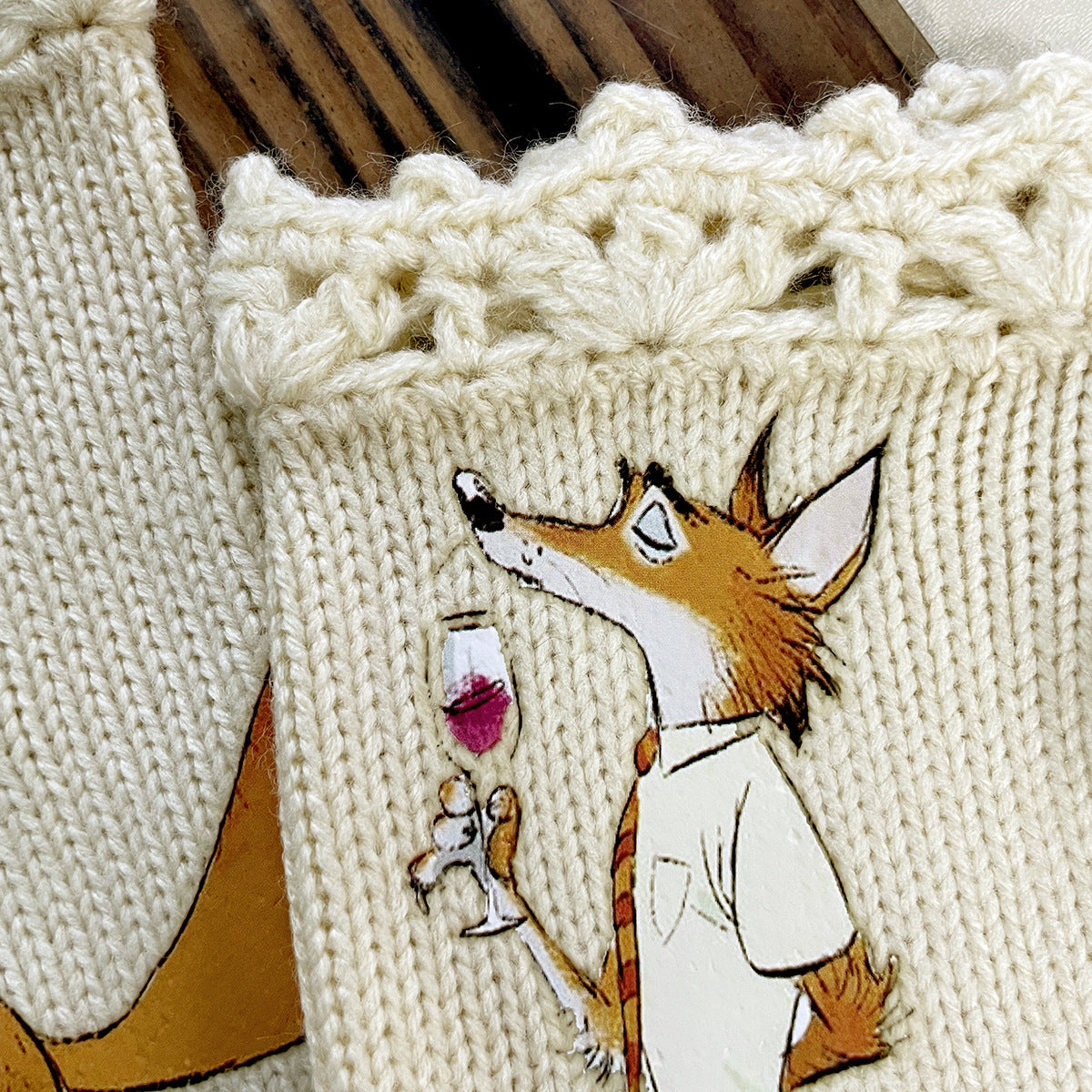 Whimsical Fox Illustration Fingerless Knit Gloves - Beige - 1