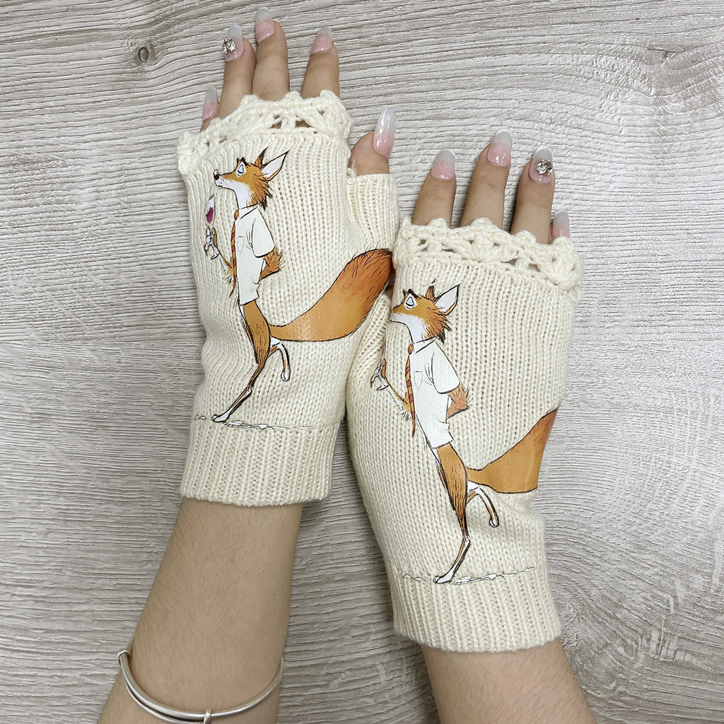 Whimsical Fox Illustration Fingerless Knit Gloves - Beige - 2