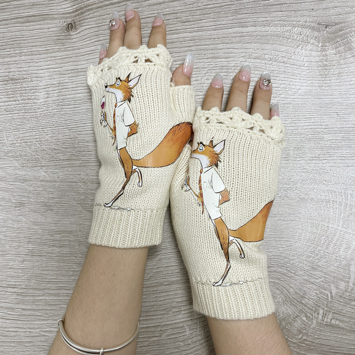 Whimsical Fox Illustration Fingerless Knit Gloves - Beige - 2