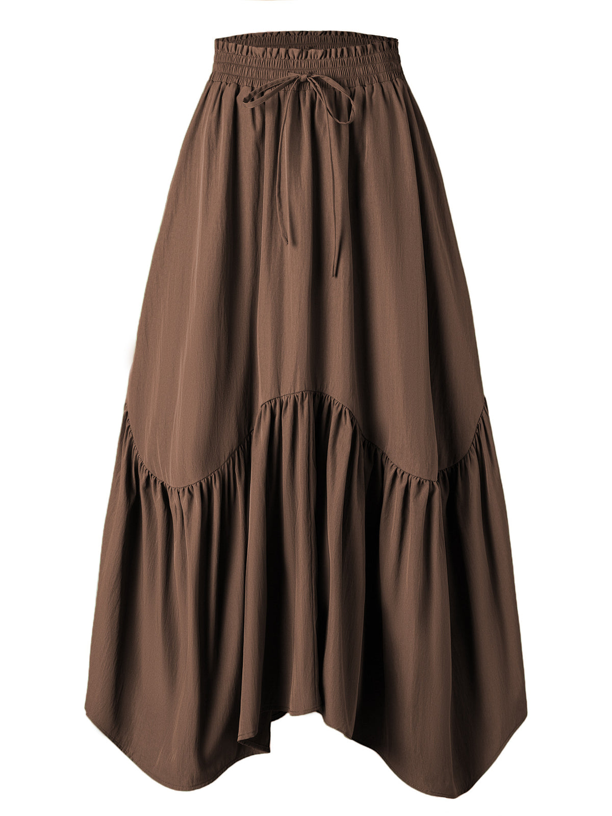 Drawstring Waist Tiered Maxi Skirt With Pockets - Brown