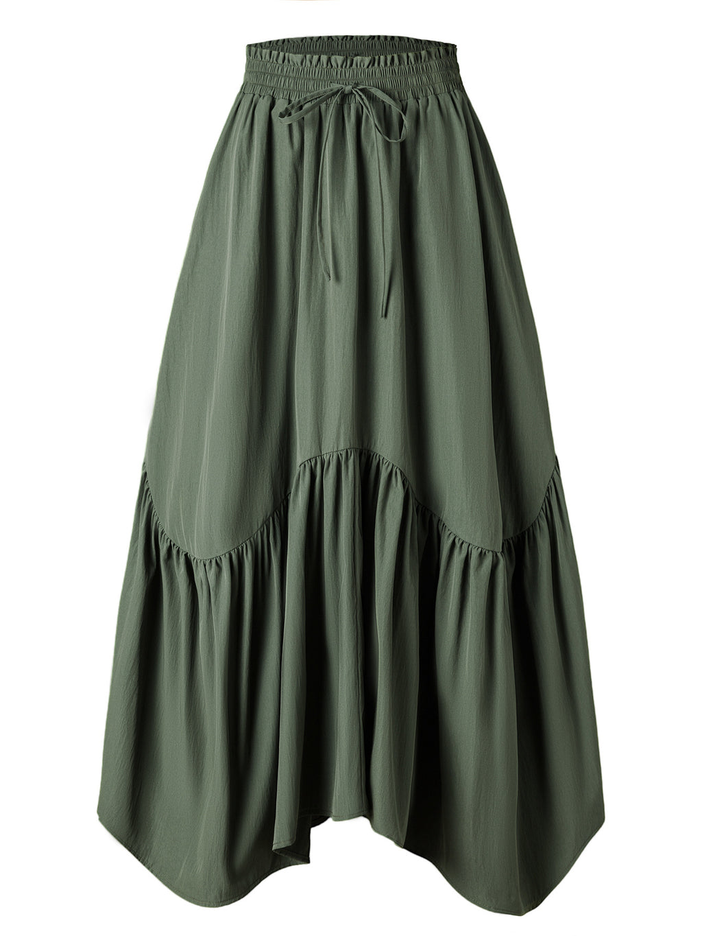 Drawstring Waist Tiered Maxi Skirt With Pockets - Green