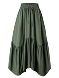 Drawstring Waist Tiered Maxi Skirt With Pockets - Green