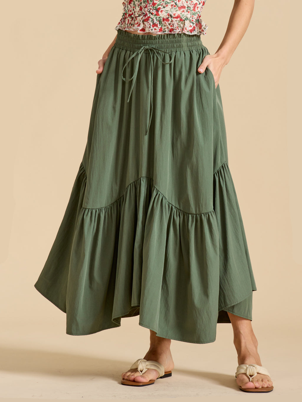 Drawstring Waist Tiered Maxi Skirt With Pockets
