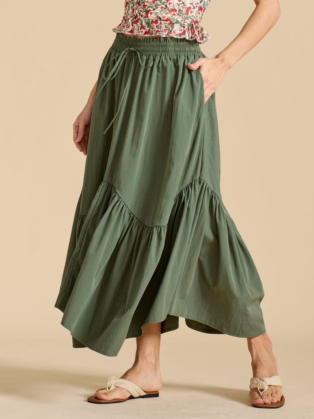 Drawstring Waist Tiered Maxi Skirt With Pockets - view 2