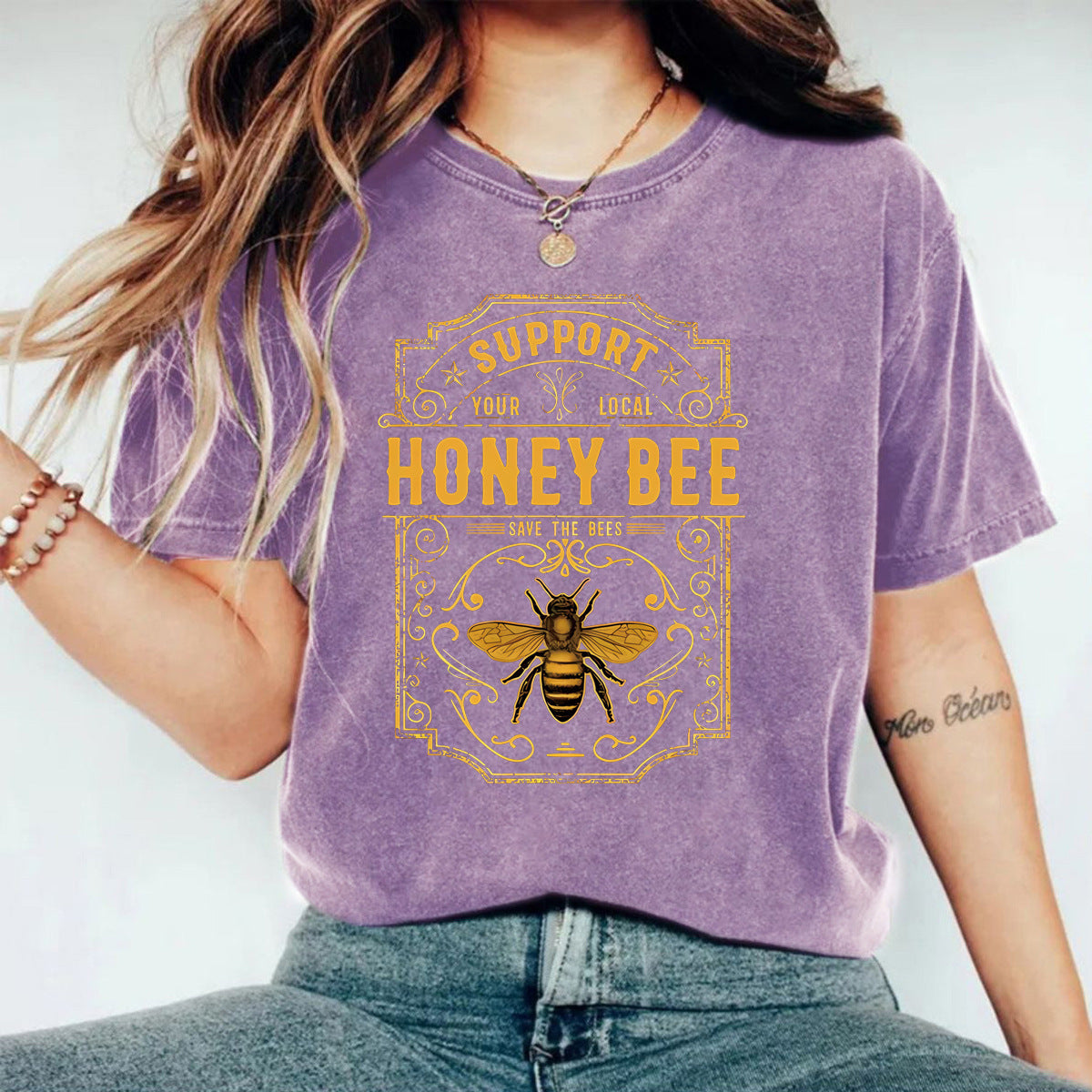 Bee Graphic Mineral Wash Crewneck Tee - Purple