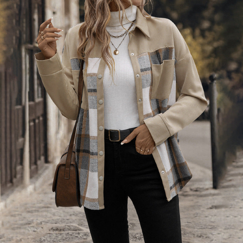 Plaid Contrast Panel Button Down Shacket - Khaki - 2