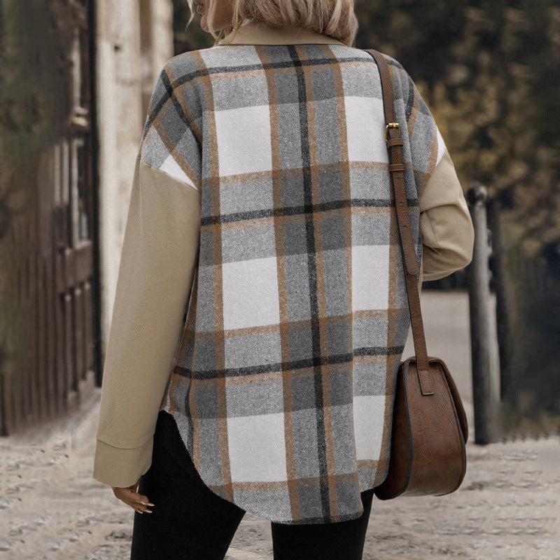 Plaid Contrast Panel Button Down Shacket - Khaki - 3