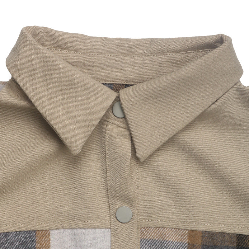 Plaid Contrast Panel Button Down Shacket - Khaki - 4