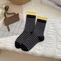 Contrast Cuff Striped Cotton Crew Socks - Black