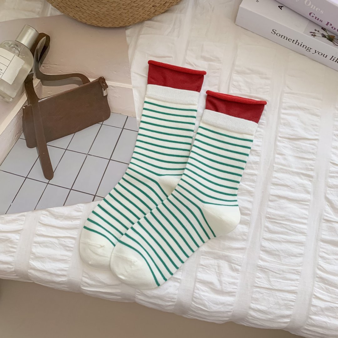 Contrast Cuff Striped Cotton Crew Socks - Green