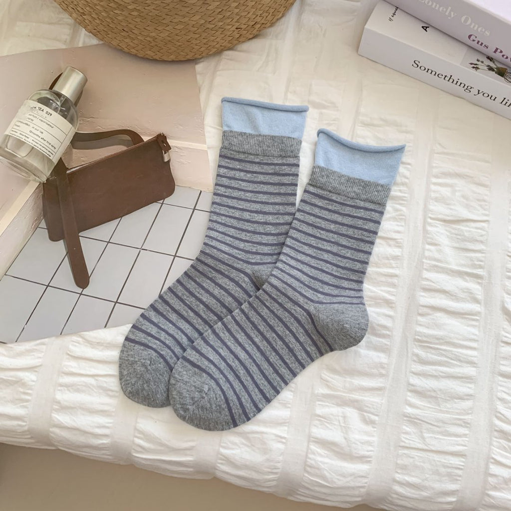 Contrast Cuff Striped Cotton Crew Socks - Grey