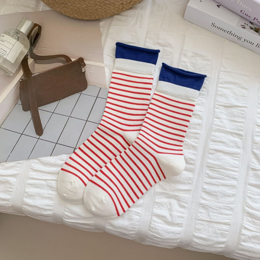 Contrast Cuff Striped Cotton Crew Socks - Red