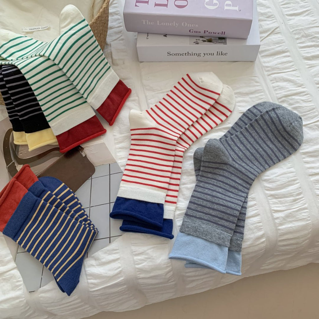 Contrast Cuff Striped Cotton Crew Socks