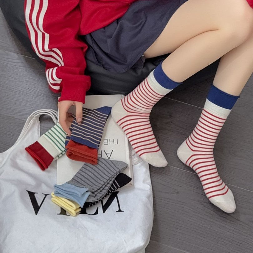 Contrast Cuff Striped Cotton Crew Socks - view 1
