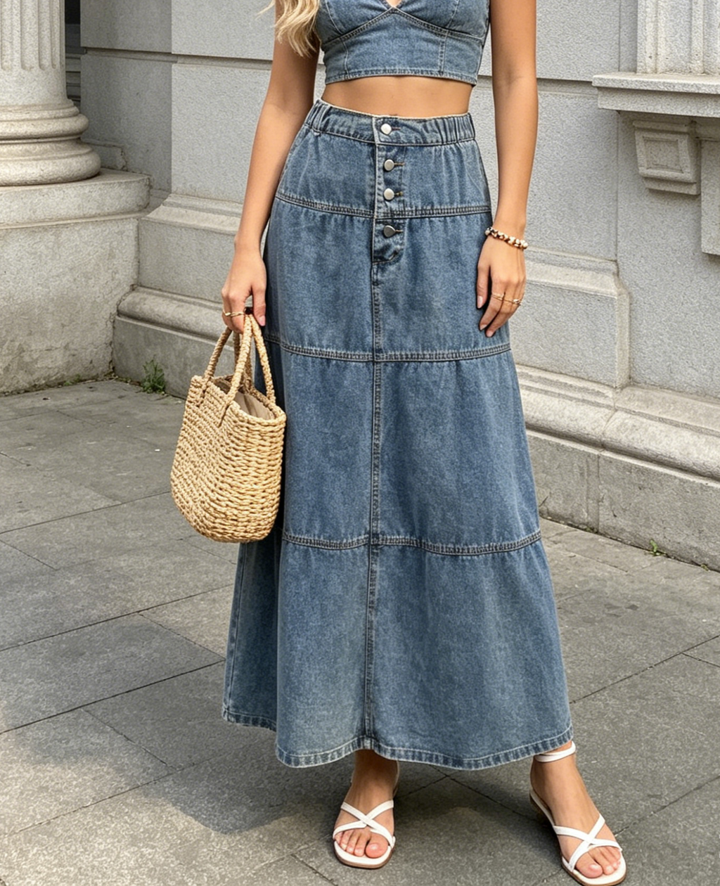 Tiered Button Front Denim Maxi Skirt - Blue
