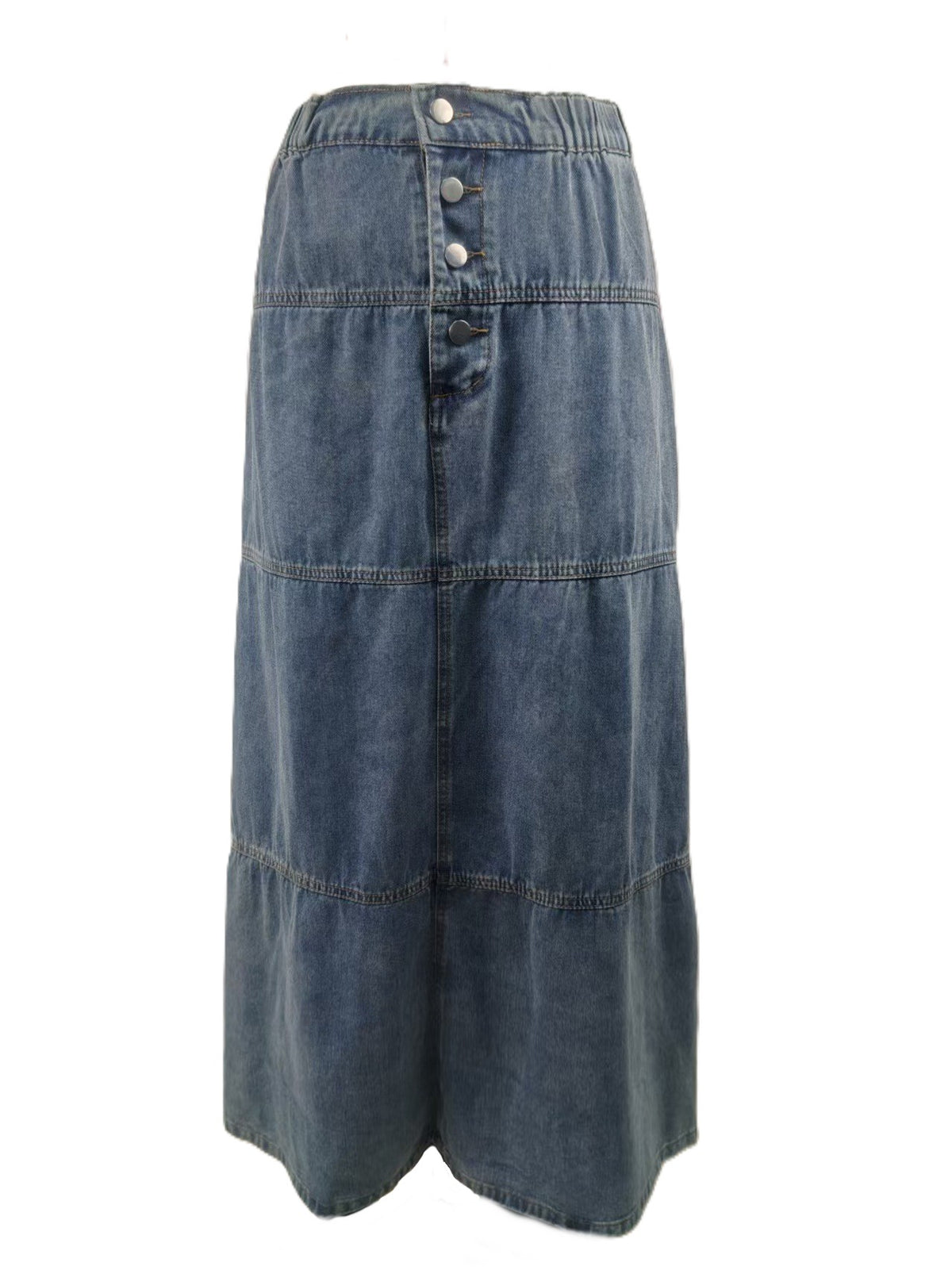 Tiered Button Front Denim Maxi Skirt - Blue - 1