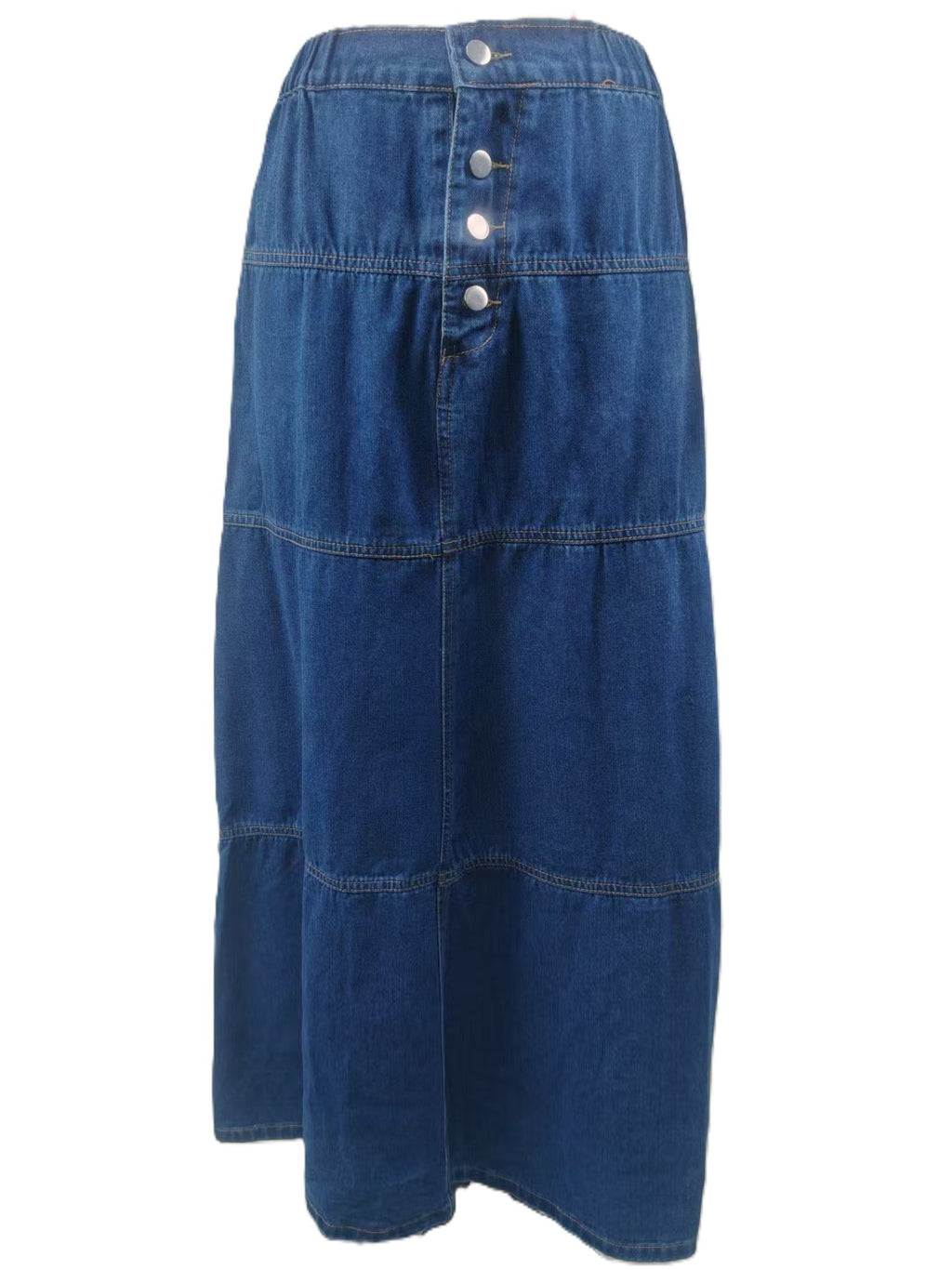 Tiered Button Front Denim Maxi Skirt - DarkBlue