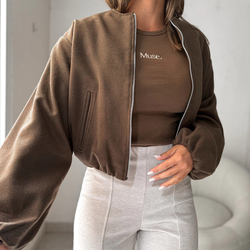 Cropped Lantern Sleeve Zip Bomber Jacket - Brown
