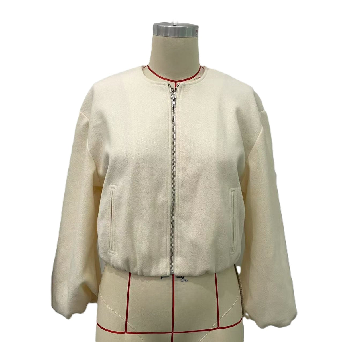 Cropped Lantern Sleeve Zip Bomber Jacket - White
