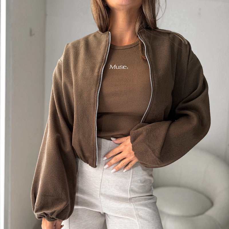 Cropped Lantern Sleeve Zip Bomber Jacket