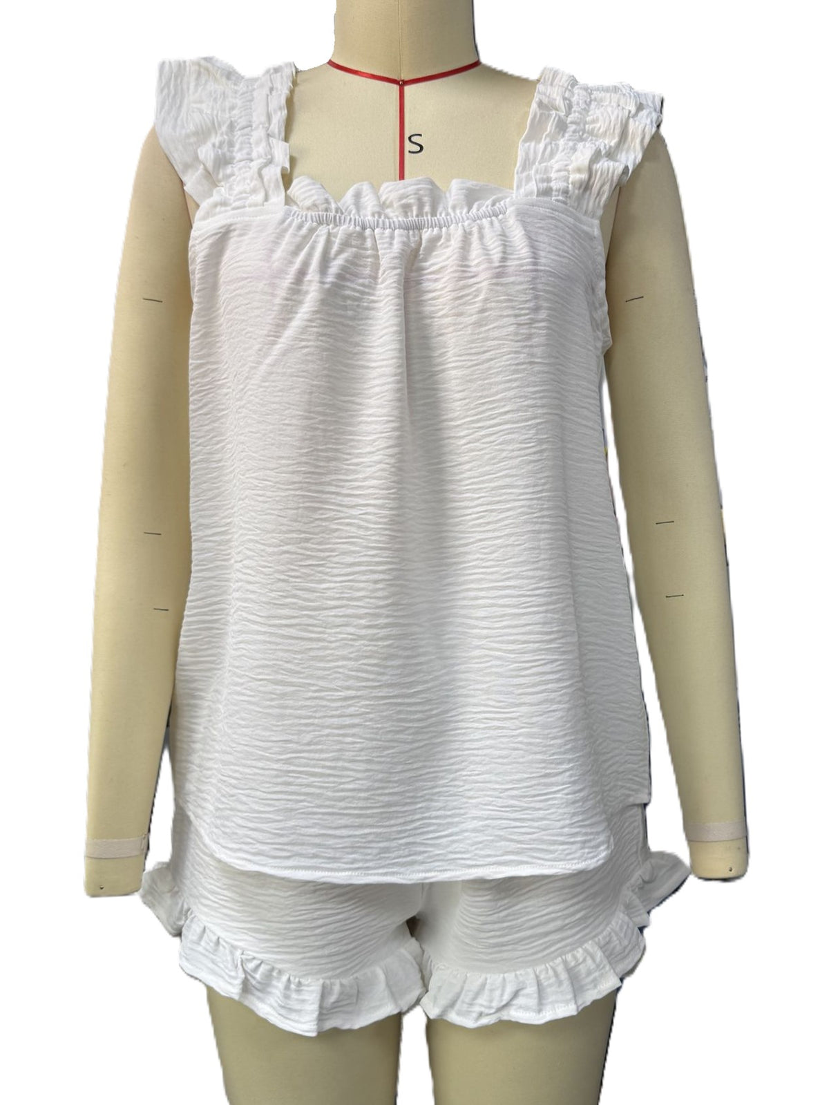 Frilled Strap Cami And Shorts Lounge Set - White - 1