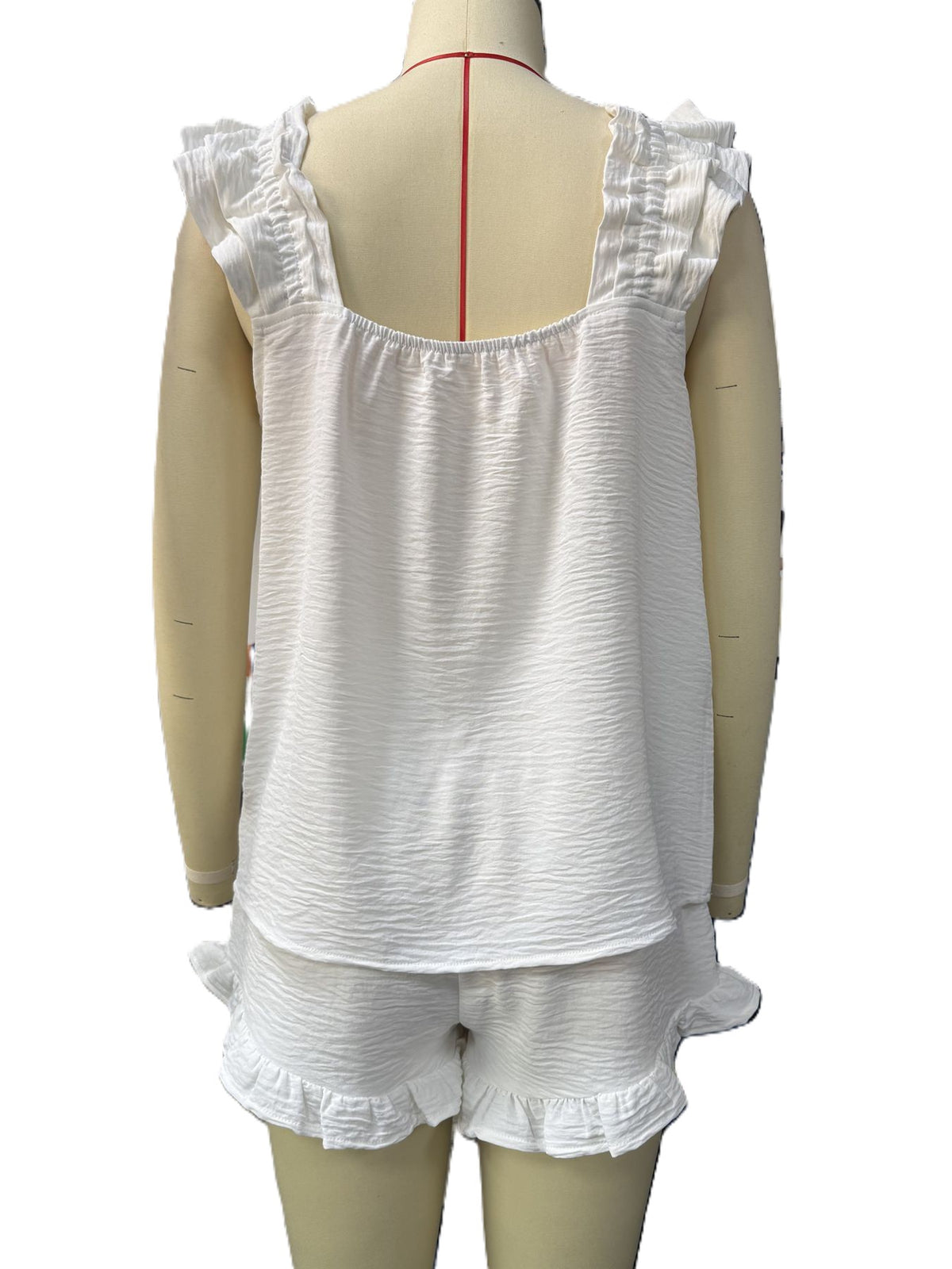 Frilled Strap Cami And Shorts Lounge Set - White - 2