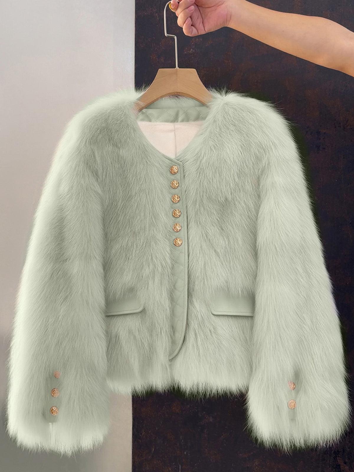 Collarless Faux Fur Button Front Jacket - Aqua