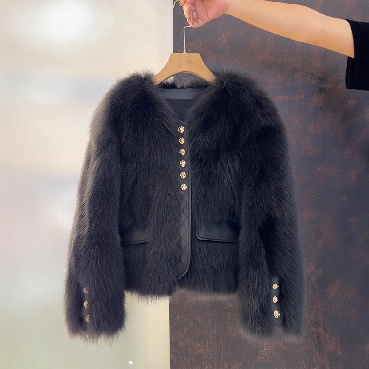 Collarless Faux Fur Button Front Jacket - Black