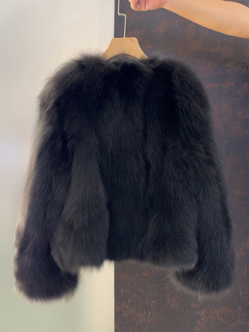 Collarless Faux Fur Button Front Jacket - Black - 1