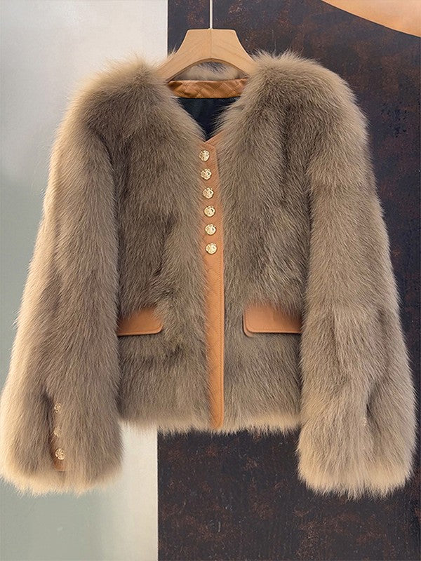 Collarless Faux Fur Button Front Jacket - Cocoa