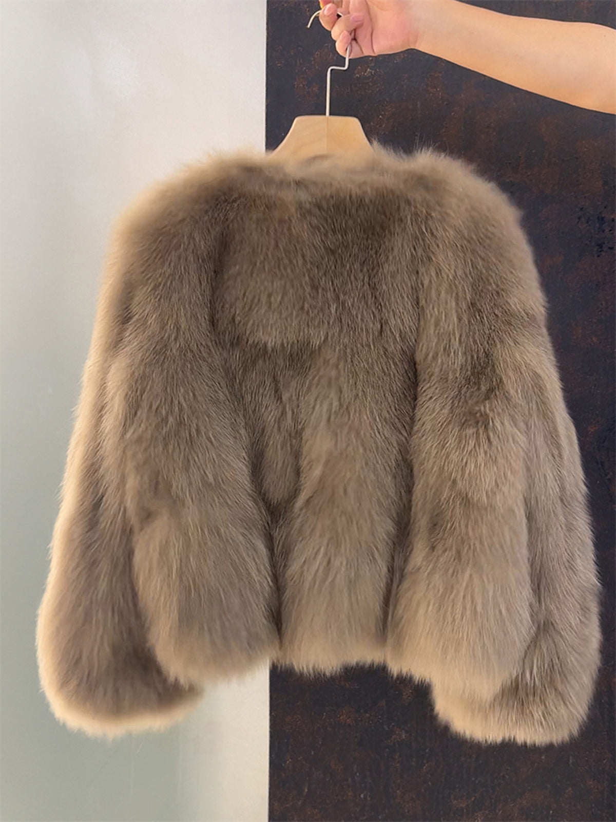 Collarless Faux Fur Button Front Jacket - Cocoa - 1